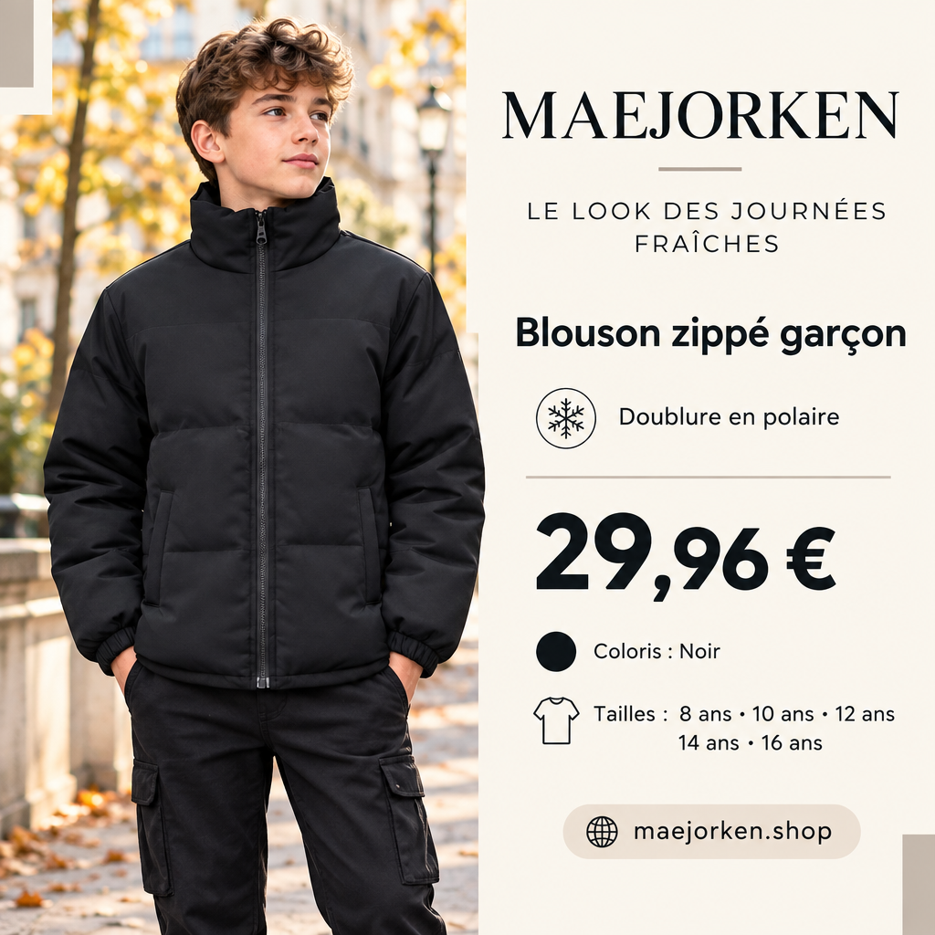 Affiche blouson zippé garçon noir avec mannequin adolescent, prix 29,96 € et tailles 8, 10, 12, 14 et 16 ans.