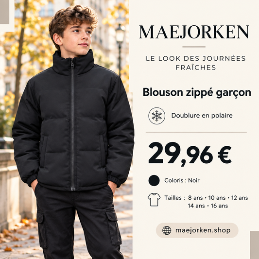 Affiche blouson zippé garçon noir avec mannequin adolescent, prix 29,96 € et tailles 8, 10, 12, 14 et 16 ans.