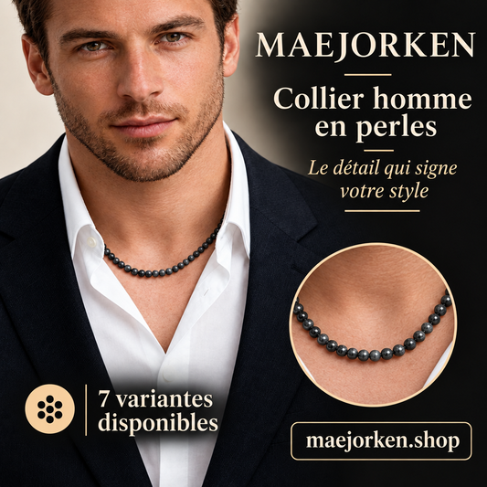 Affiche MAEJORKEN collier homme en perles avec mannequin et détail du bijou, sept variantes, sans prix ni promotion.