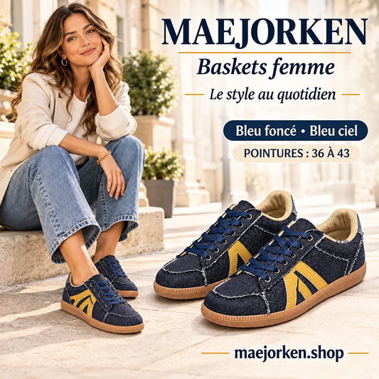 Affiche MAEJORKEN baskets femme style denim avec mannequin, bleu foncé et bleu ciel, pointures 36 à 43, sans prix ni promotion.