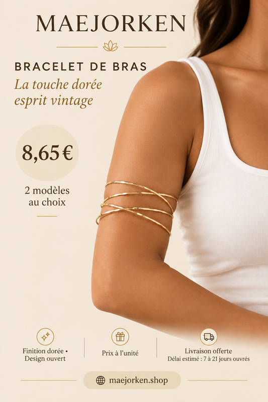 Bracelet de bras doré à lignes croisées porté au-dessus du coude, 8,65 euros, deux modèles et livraison estimée 7 à 21 jours ouvrés