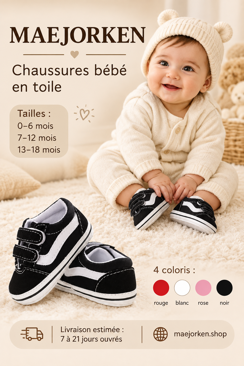 Chaussures bébé en toile noire portées par un bébé, tailles 0–6, 7–12 et 13–18 mois, quatre coloris, livraison estimée 7 à 21 jours ouvrés.