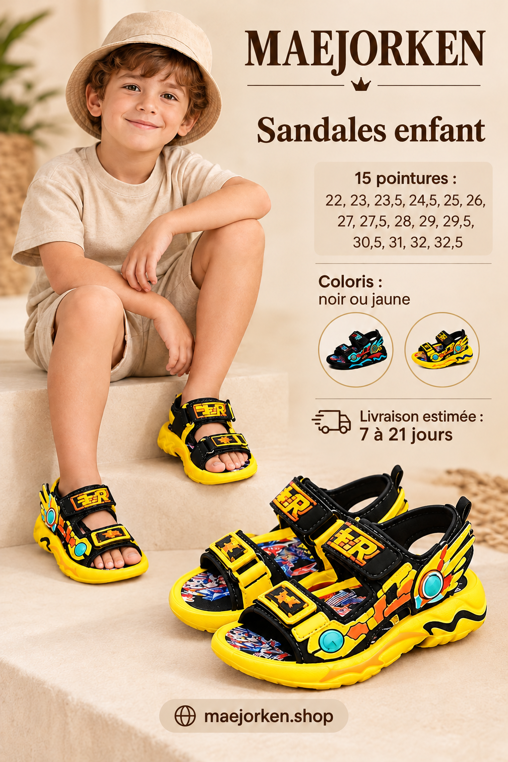 Affiche sandales enfant jaunes avec mannequin, quinze pointures, livraison estimée 7 à 21 jours.