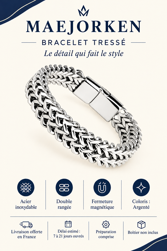 Bracelet tressé argenté à double rangée en acier inoxydable avec fermeture magnétique. Livraison offerte en France, délai estimé 7 à 21 jours ouvrés préparation comprise. Boîtier non inclus.