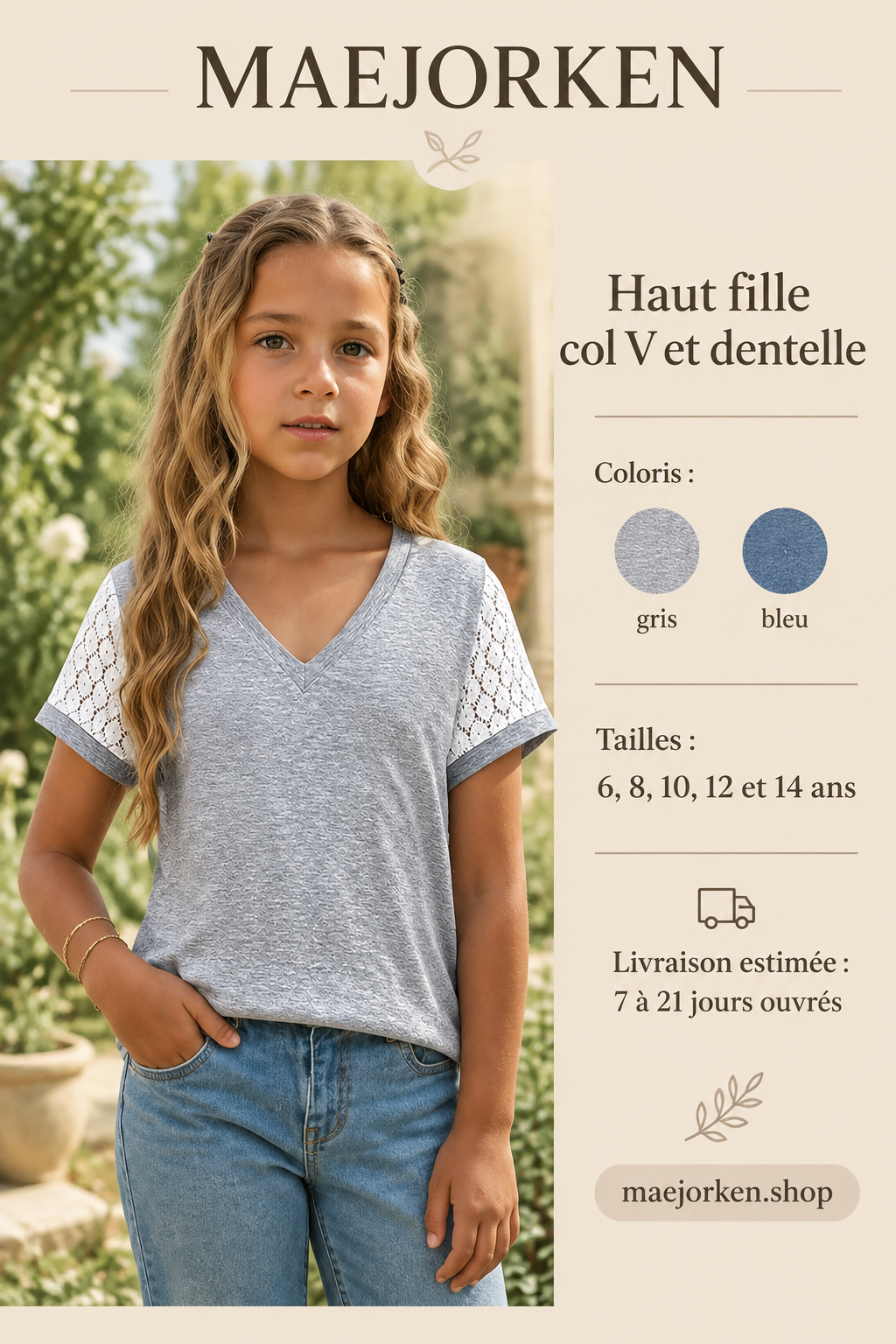 Haut gris chiné fille col V à manches courtes en dentelle blanche porté par une enfant, cinq tailles de 6 à 14 ans.