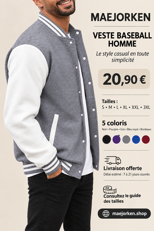 Veste baseball grise à manches blanches portée, 20,90 euros, tailles S au 3XL, cinq coloris et livraison estimée 7 à 21 jours ouvrés