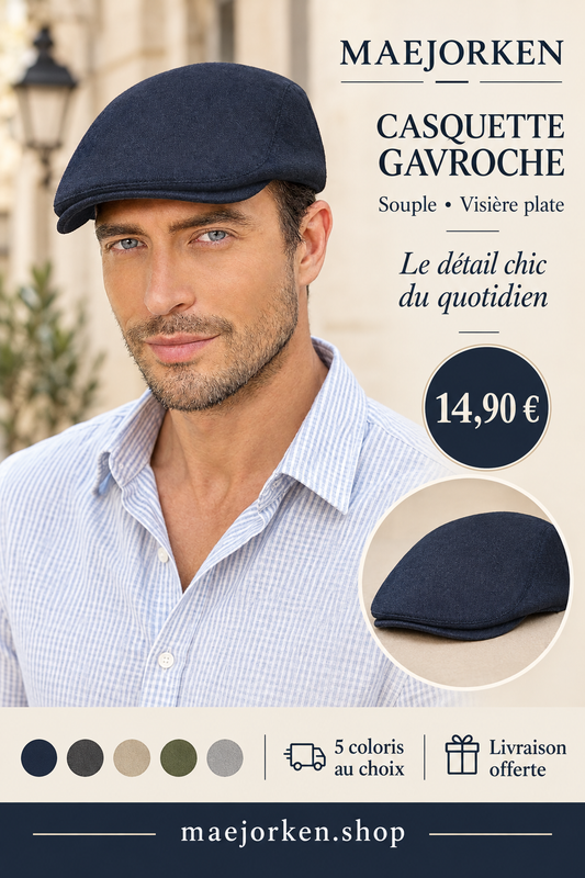 Affiche MAEJORKEN : casquette gavroche souple à visière plate à 14,90 €, 5 coloris au choix.