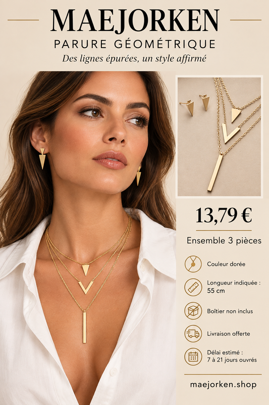 Parure géométrique dorée portée, collier multirang et boucles d’oreilles, 13,79 euros, longueur indiquée 55 cm, boîtier non inclus