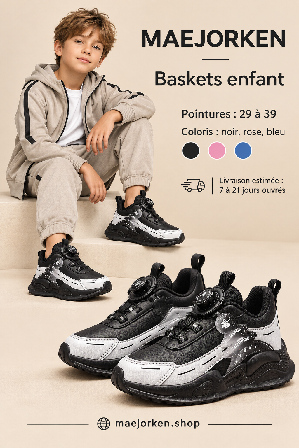 Baskets noires et argent portées par un enfant, pointures 29 à 39, coloris noir rose bleu, livraison estimée 7 à 21 jours ouvrés.