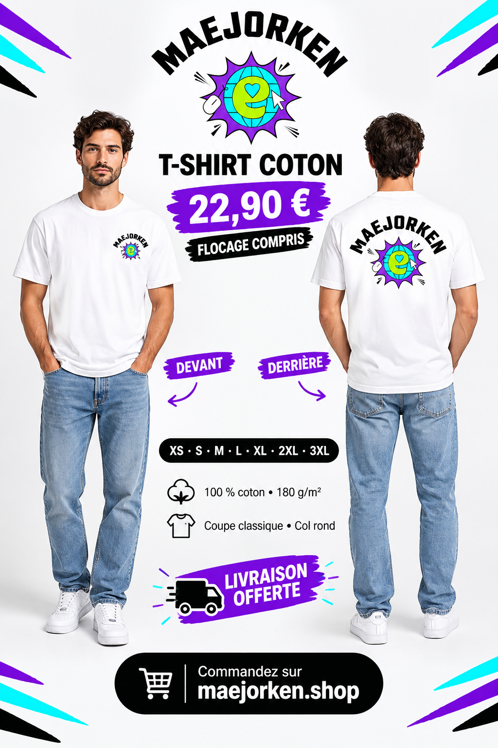 T-shirt blanc en coton sur mannequin de face et de dos, logo complet MAEJORKEN devant et derrière, 22,90 €, XS à 3XL, flocage compris.