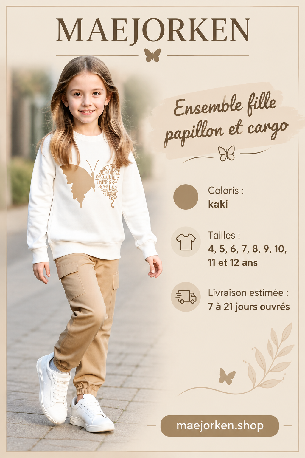 Ensemble fille haut crème motif papillon beige et pantalon cargo kaki porté par une enfant, neuf tailles de 4 à 12 ans.