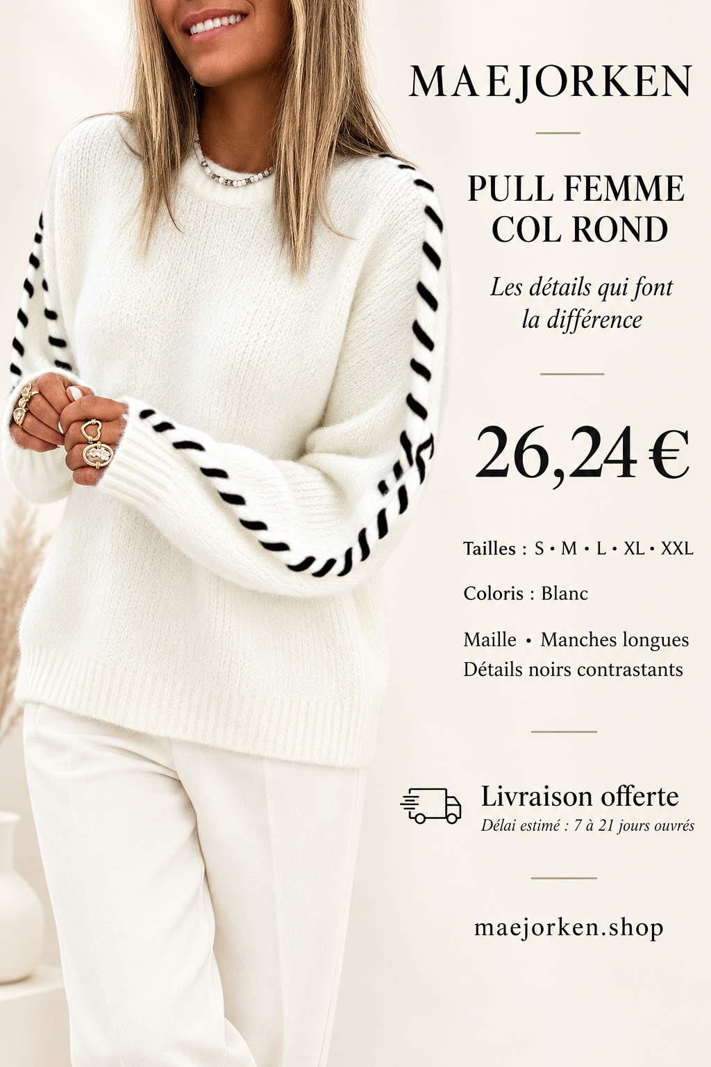 Affiche MAEJORKEN : pull femme blanc à col rond avec détails noirs aux manches, 26,24 €, tailles S à XXL.