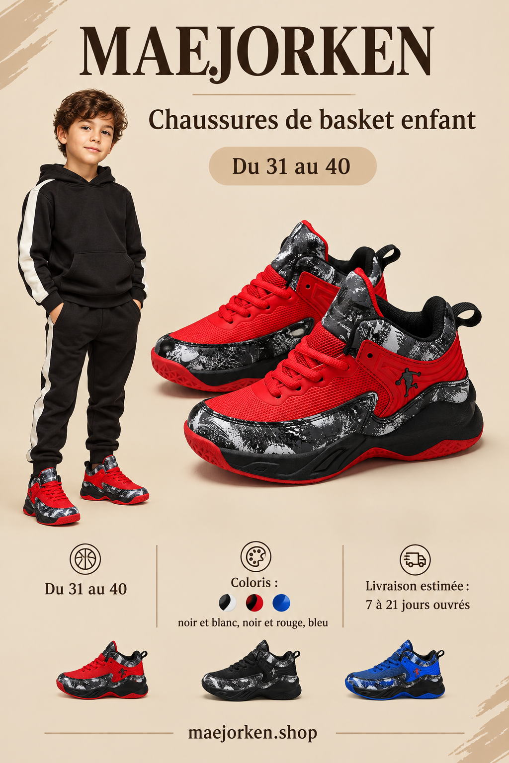 Affiche MAEJORKEN chaussures de basket enfant rouges et noires avec mannequin, pointures 31 à 40, trois coloris et livraison estimée de 7 à 21 jours ouvrés.