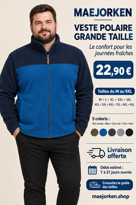 Veste polaire bleue portée par un homme grande taille, 22,90 euros, tailles M au 9XL, cinq coloris et livraison estimée 7 à 21 jours ouvrés