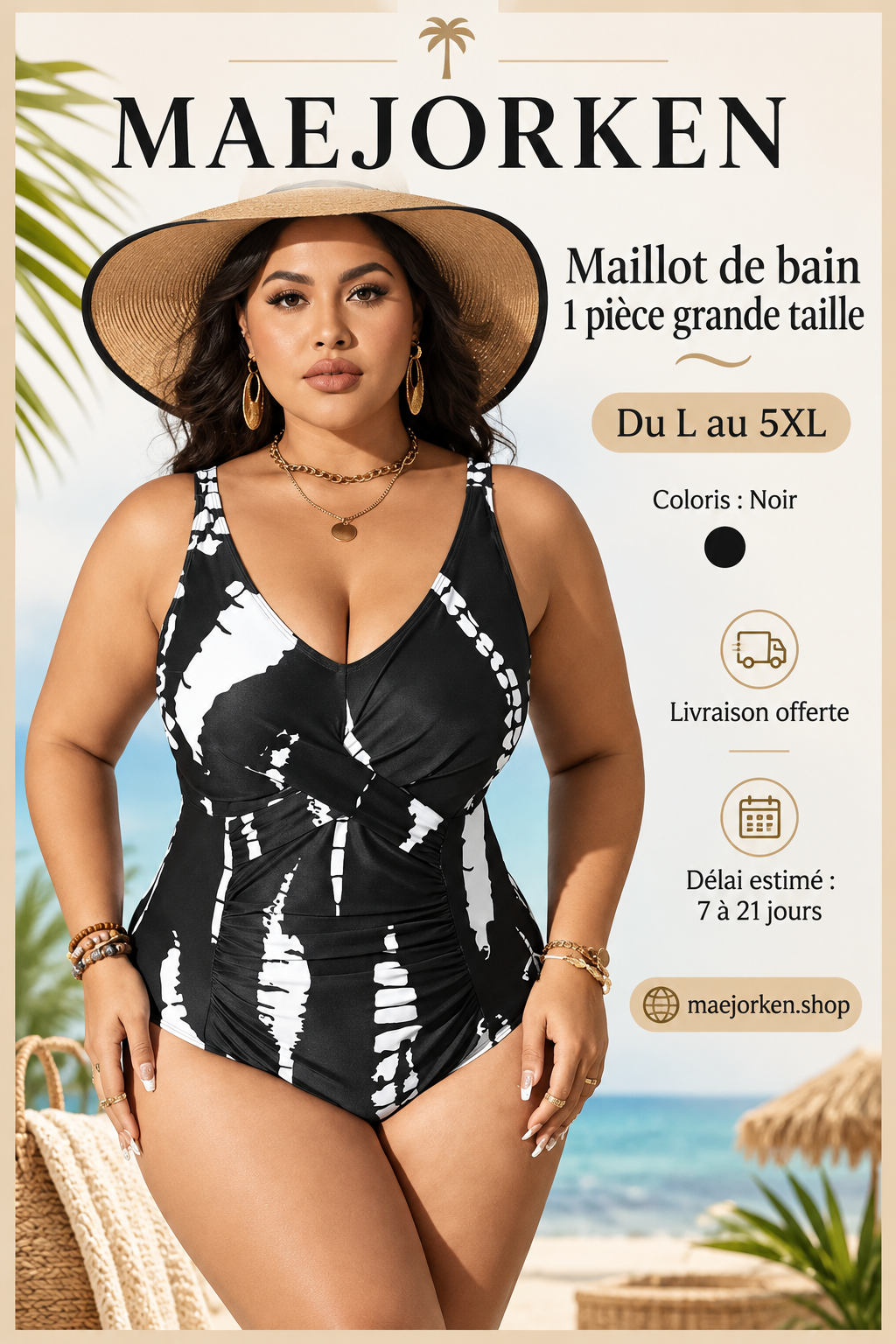 Maillot une pièce noir à motifs blancs porté par une mannequin adulte grande taille, L au 5XL, livraison estimée de 7 à 21 jours.
