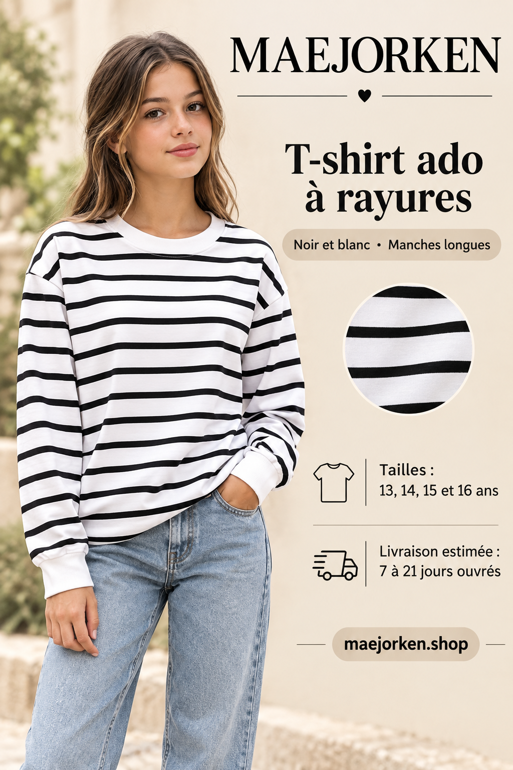 T-shirt blanc à rayures horizontales noires et manches longues porté par une adolescente, tailles 13 à 16 ans.