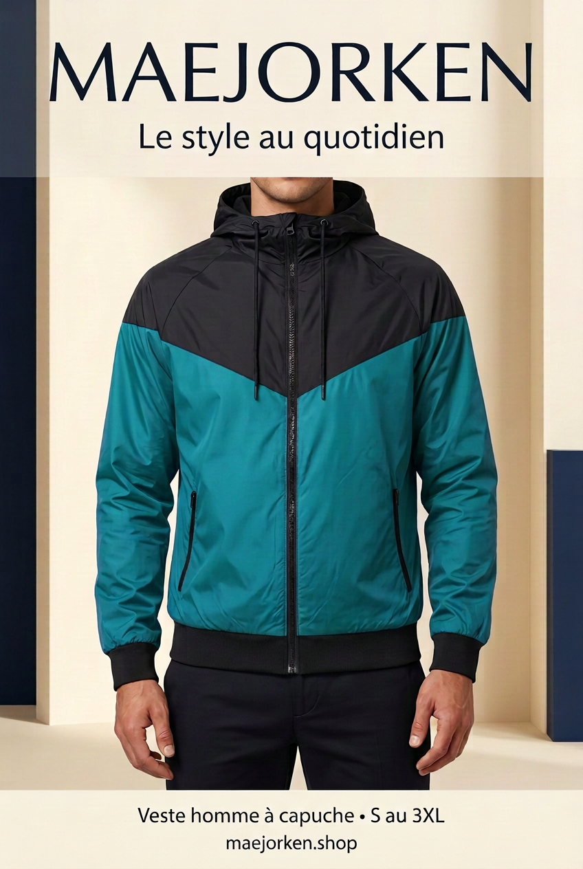 Affiche MAEJORKEN sans prix, veste verte et noire portée par un mannequin virtuel
