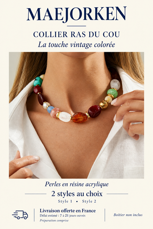 Collier ras du cou à perles multicolores en résine acrylique, porté avec une chemise blanche. Deux styles au choix. Livraison offerte en France, délai estimé 7 à 21 jours ouvrés préparation comprise. Boîtier non inclus.