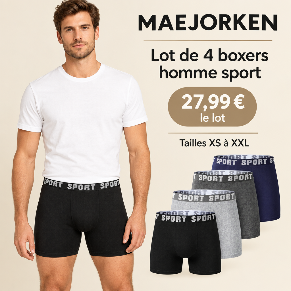 Lot de quatre boxers homme sport MAEJORKEN avec mannequin, 27,99 € le lot, tailles XS à XXL