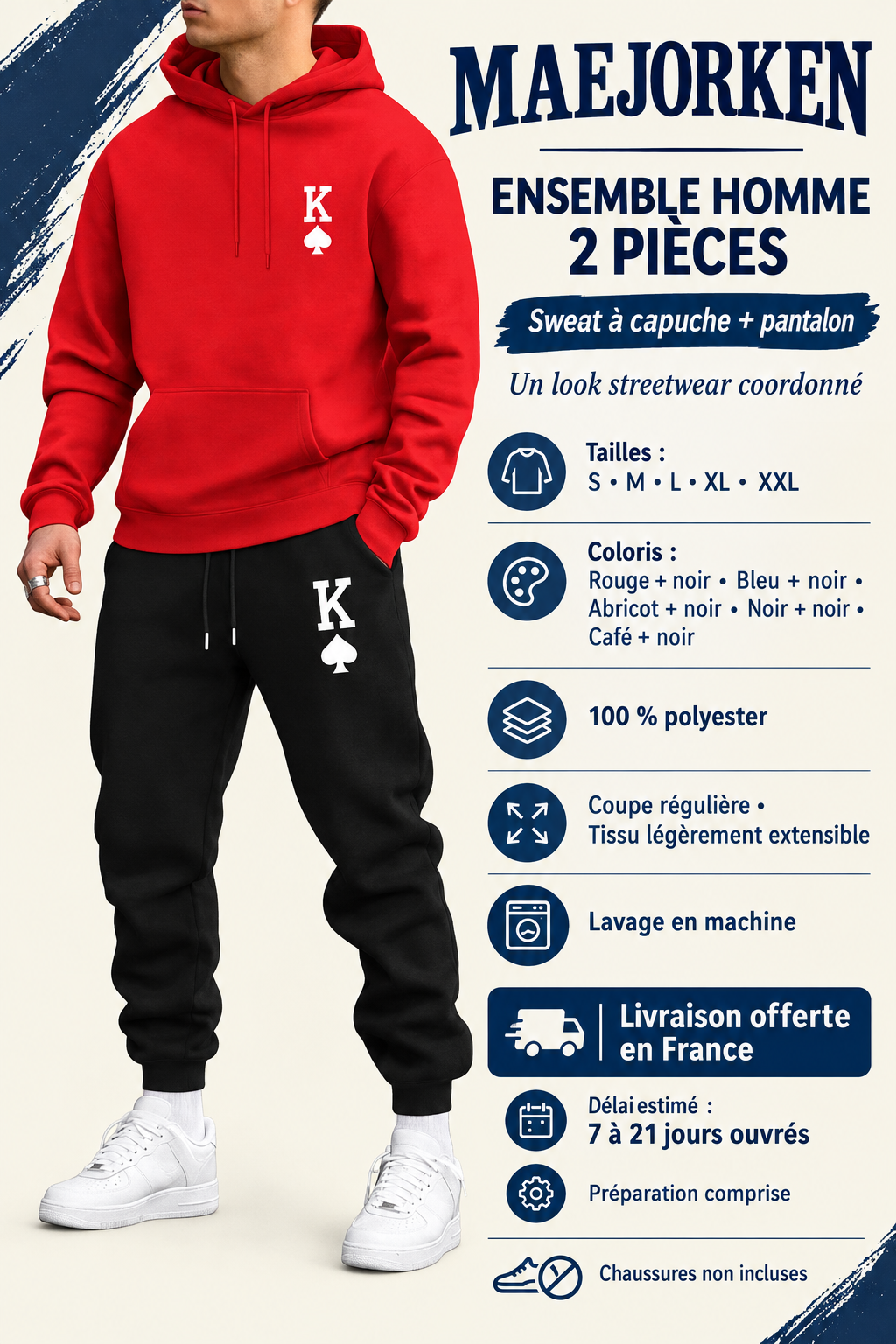 Ensemble homme sweat à capuche et pantalon imprimés K et pique, tailles S à XXL, cinq coloris, livraison offerte en France et délai estimé de 7 à 21 jours ouvrés préparation comprise.