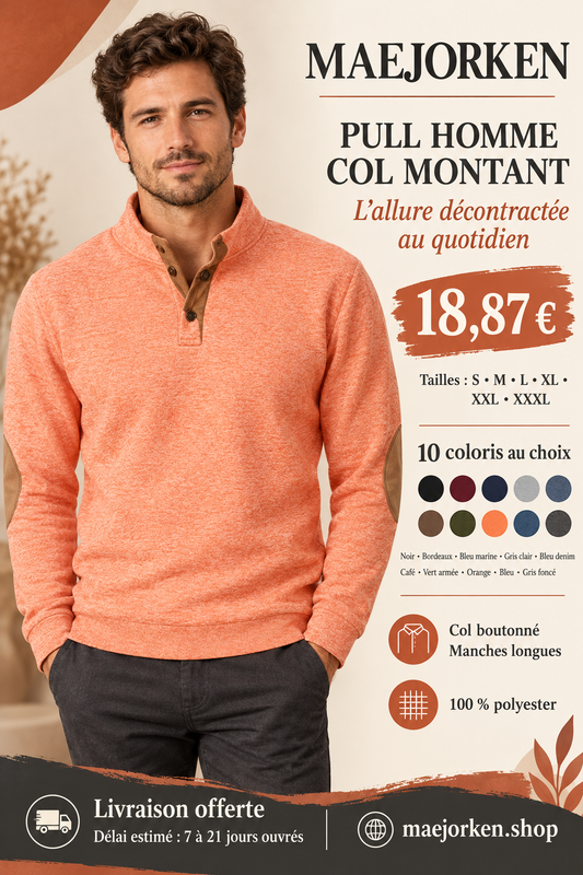 Affiche MAEJORKEN : pull homme à col montant à 18,87 €, tailles S à XXXL et 10 coloris.