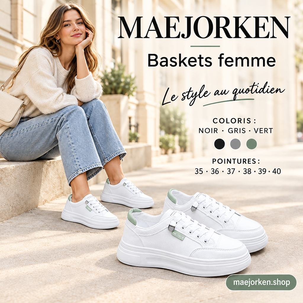 Affiche MAEJORKEN baskets femme avec mannequin, coloris noir gris vert et pointures 35 à 40, sans prix ni promotion.