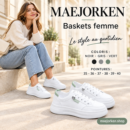 Affiche MAEJORKEN baskets femme avec mannequin, coloris noir gris vert et pointures 35 à 40, sans prix ni promotion.