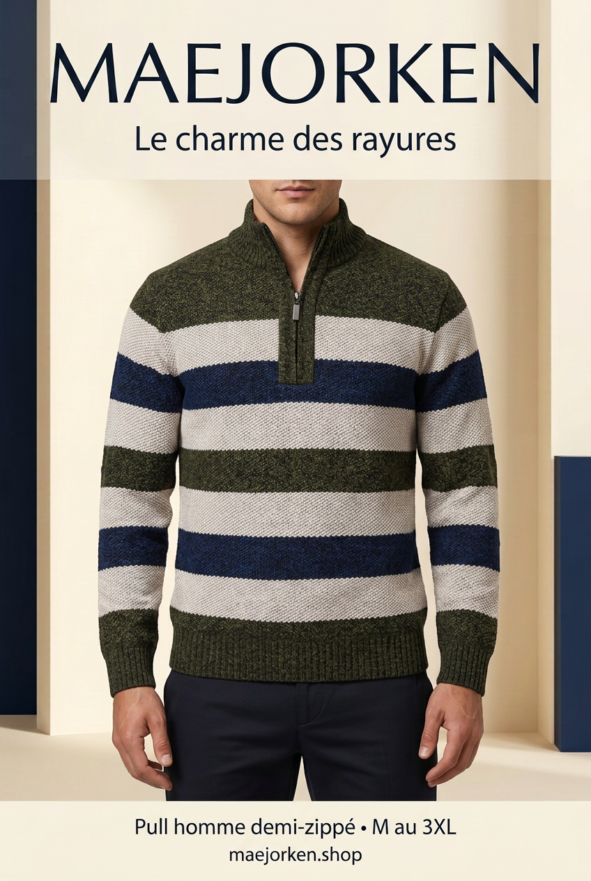 Affiche MAEJORKEN sans prix, pull rayé vert, crème et marine sur mannequin virtuel
