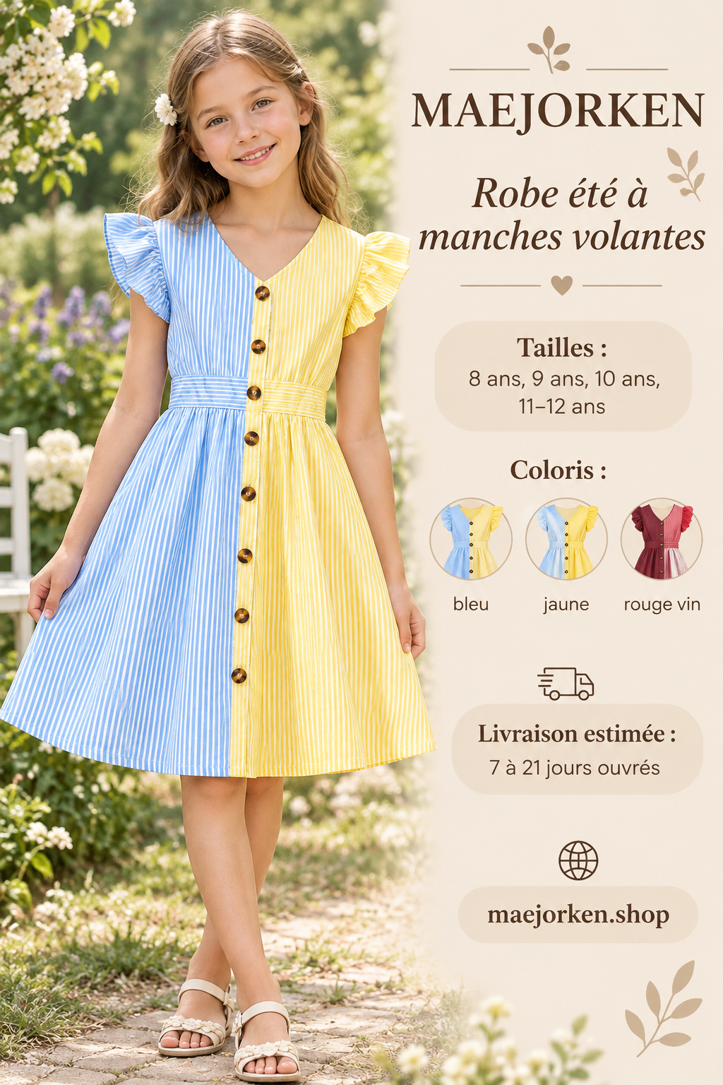 Robe rayée bleu et jaune à manches volantes portée par une enfant, tailles 8, 9, 10 et 11-12 ans, livraison 7 à 21 jours ouvrés.