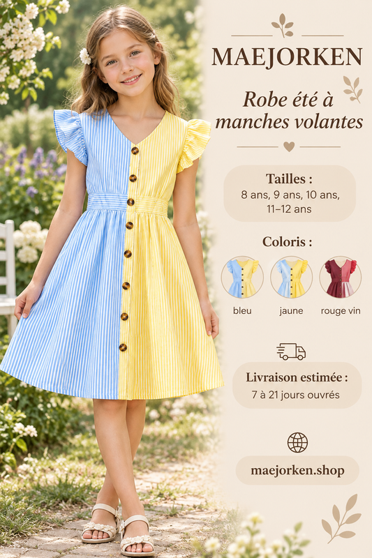 Robe rayée bleu et jaune à manches volantes portée par une enfant, tailles 8, 9, 10 et 11-12 ans, livraison 7 à 21 jours ouvrés.