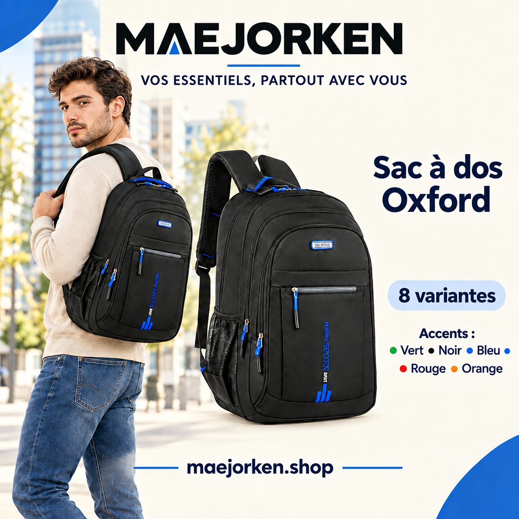 Affiche MAEJORKEN sac à dos Oxford avec mannequin, huit variantes et accents vert noir bleu rouge orange, sans prix ni promotion.