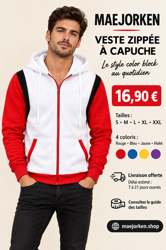 Veste blanche à manches rouges et détails noirs portée, 16,90 euros, tailles S à XXL, quatre coloris et livraison estimée 7 à 21 jours ouvrés