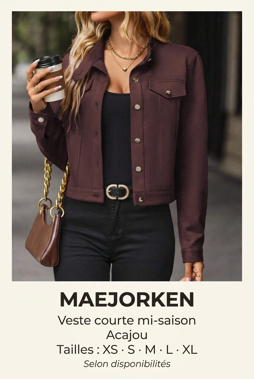 Affiche MAEJORKEN veste acajou avec mannequin, tailles XS à XL