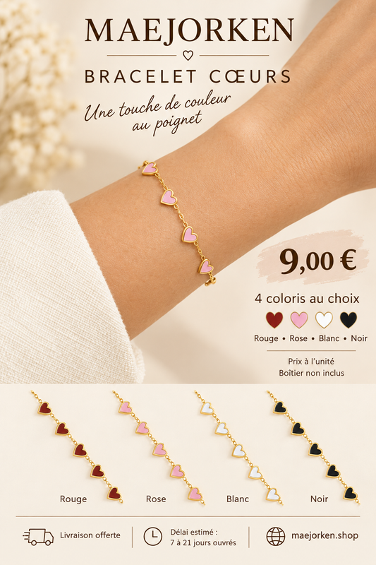 Bracelet chaîne dorée à petits cœurs porté, 9 euros l’unité, quatre coloris rouge rose blanc noir, boîtier non inclus