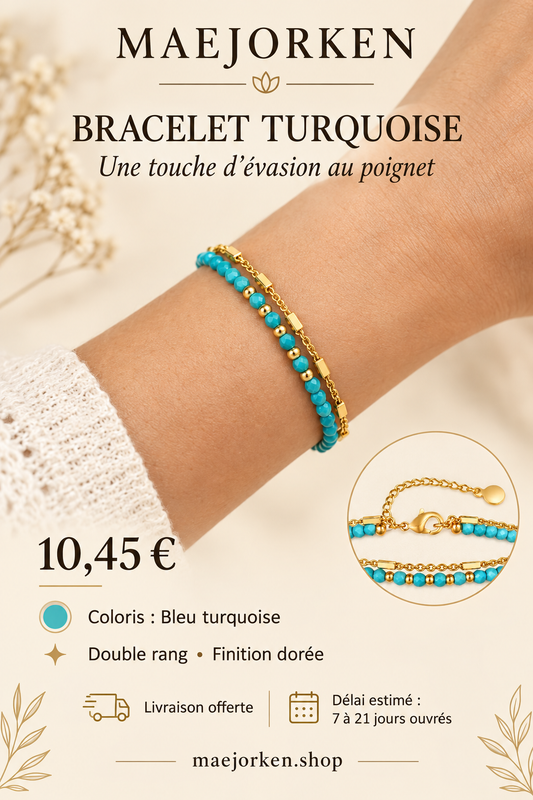 Bracelet double rang bleu turquoise et finition dorée porté, prix 10,45 euros, livraison estimée 7 à 21 jours ouvrés