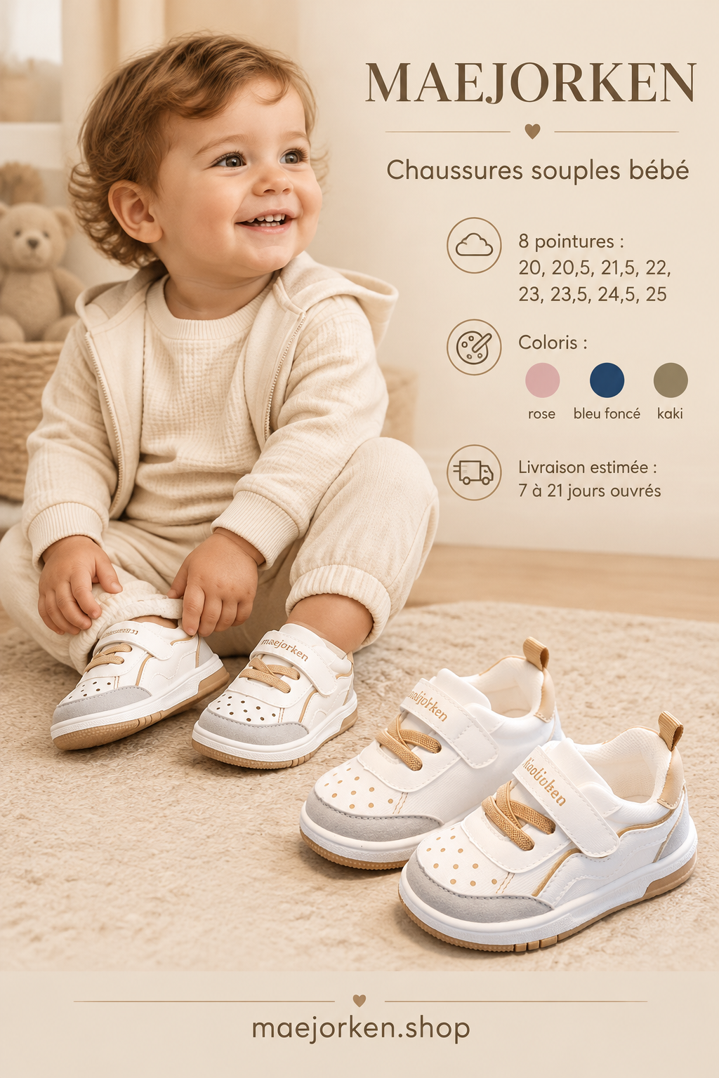 Chaussures souples claires portées par un jeune enfant, huit pointures, coloris rose bleu foncé kaki, livraison estimée 7 à 21 jours ouvrés.