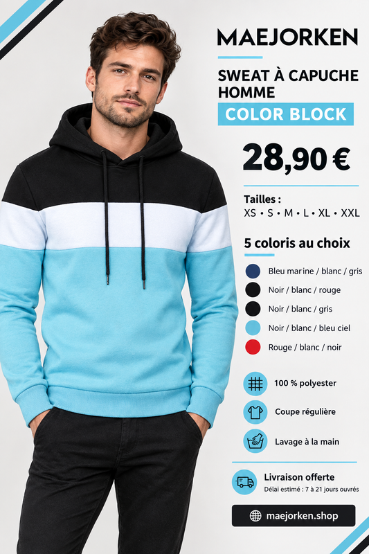 Affiche MAEJORKEN : sweat à capuche homme color block à 28,90 €, tailles XS à XXL et 5 coloris au choix.