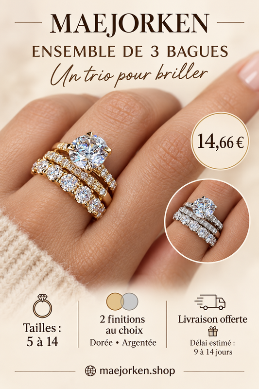 Ensemble de trois bagues porté, finitions dorée et argentée, 14,66 euros, tailles 5 à 14, livraison estimée 9 à 14 jours