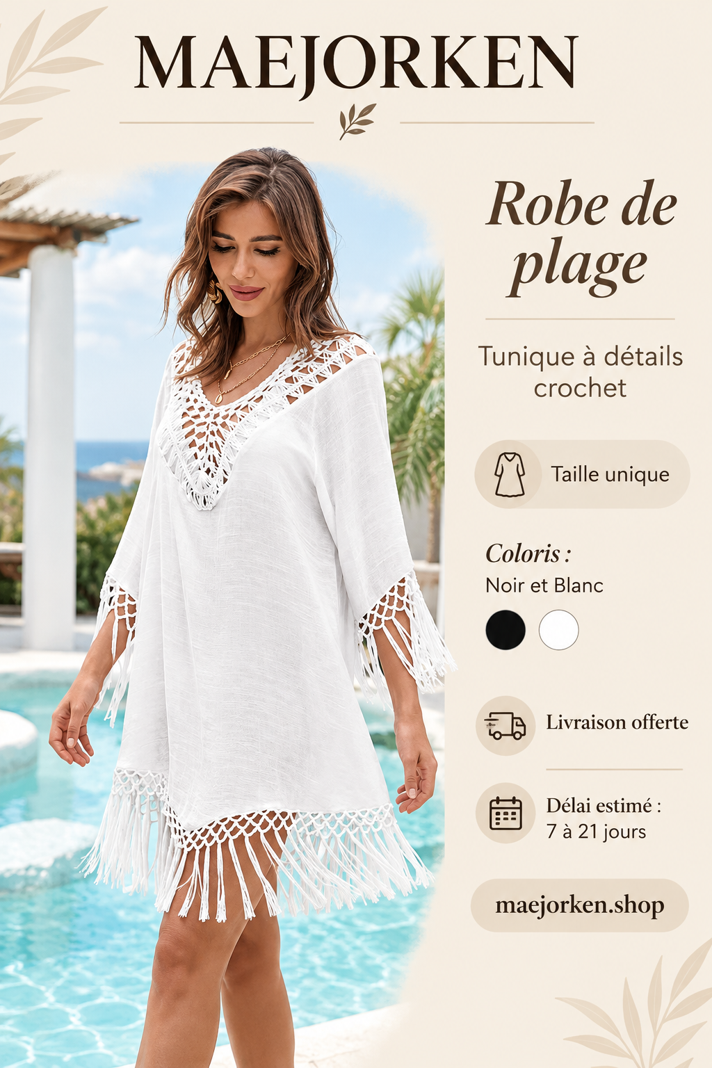 Mannequin adulte portant la tunique de plage blanche à détails crochet, taille unique, livraison estimée de 7 à 21 jours.