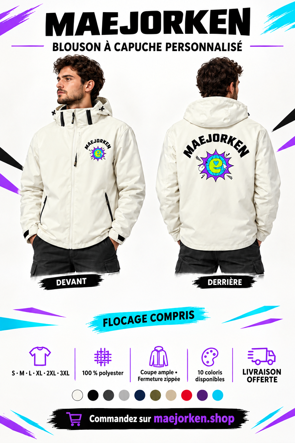 Blouson ivoire à capuche présenté de face et de dos avec logos MAEJORKEN, tailles S à 3XL, flocage compris et livraison offerte.