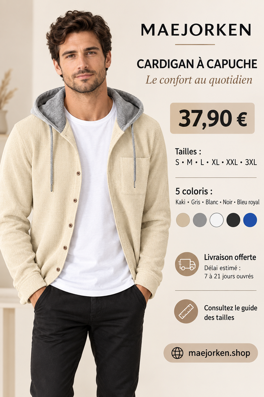 Cardigan kaki à capuche porté, 37,90 euros, tailles S au 3XL, cinq coloris et livraison estimée 7 à 21 jours ouvrés
