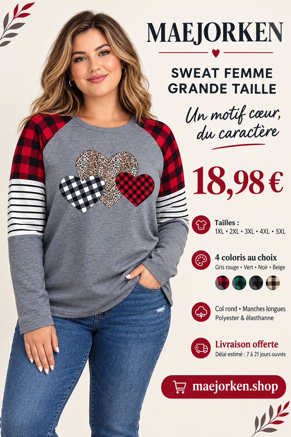 Affiche MAEJORKEN : sweat femme à motif trois cœurs, 18,98 €, tailles 1XL à 5XL et quatre coloris.