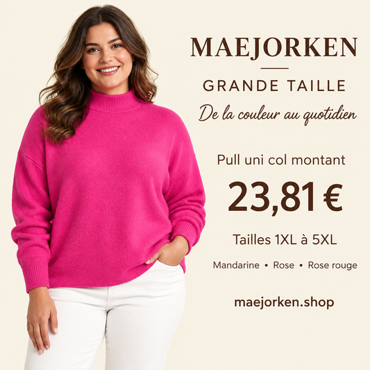 Mannequin portant un pull rose vif uni à col montant MAEJORKEN, tailles 1XL à 5XL, 23,81 €, trois coloris.