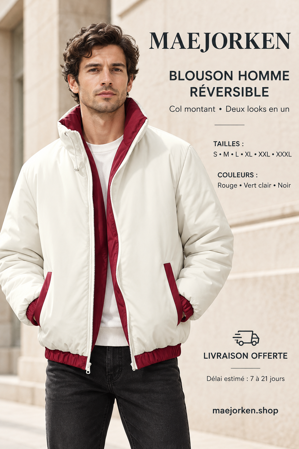 Mannequin portant le blouson réversible blanc cassé et bordeaux sur fond urbain clair, tailles S à XXXL, coloris rouge, vert clair et noir, livraison offerte, délai estimé de 7 à 21 jours.