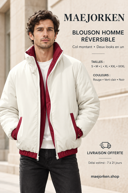 Mannequin portant le blouson réversible blanc cassé et bordeaux sur fond urbain clair, tailles S à XXXL, coloris rouge, vert clair et noir, livraison offerte, délai estimé de 7 à 21 jours.