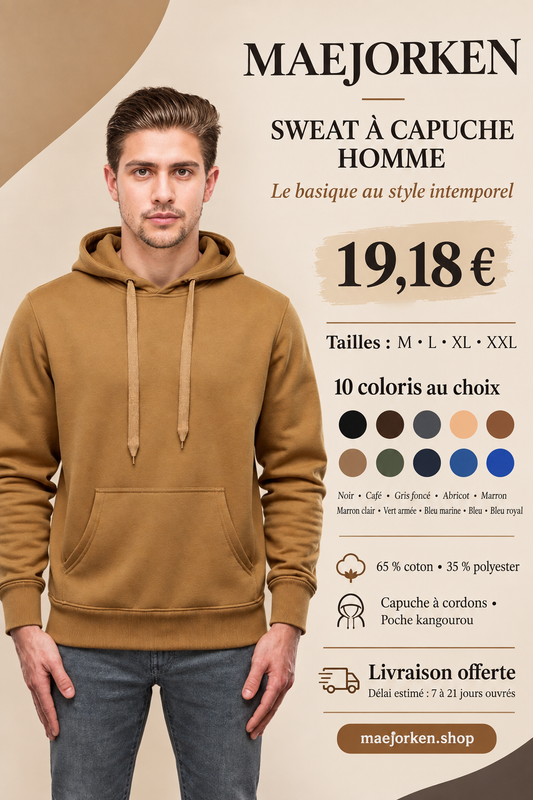 Affiche sweat à capuche homme MAEJORKEN à 19,18 €, tailles M à XXL et 10 coloris au choix.