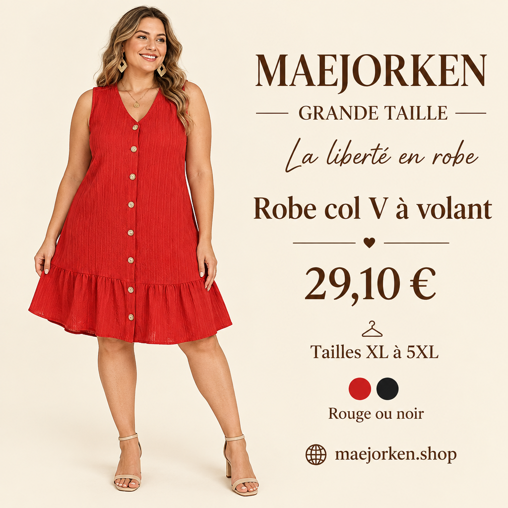 Mannequin portant la robe rouge col V sans manches à volant MAEJORKEN, 29,10 €, grande taille XL à 5XL, rouge ou noir.