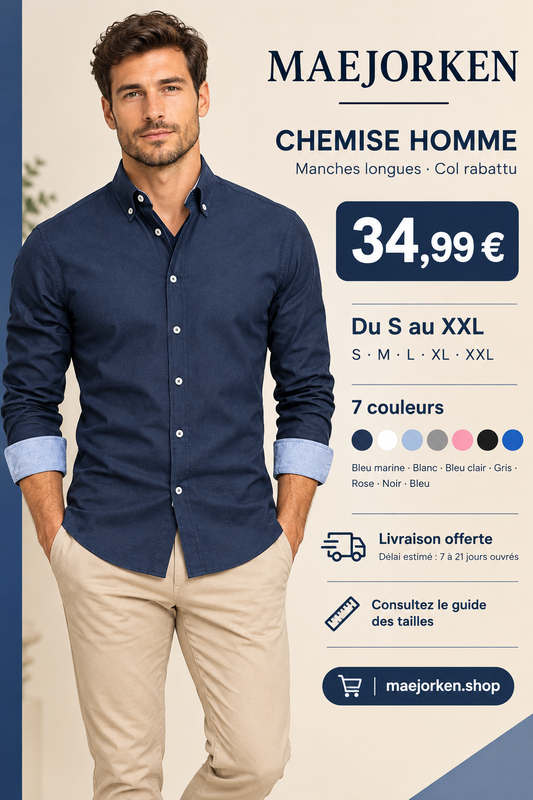 Affiche avec mannequin portant la chemise homme bleu marine, prix 34,99 €, tailles S au XXL et sept couleurs