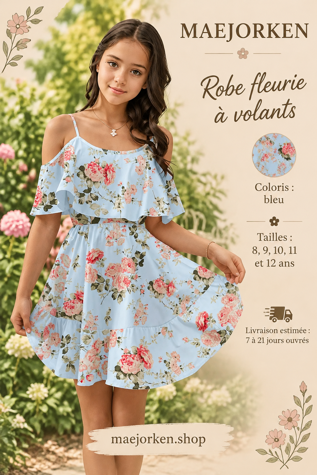 Robe bleu ciel à fleurs roses et volants portée par une enfant, tailles 8 à 12 ans et livraison estimée 7 à 21 jours ouvrés.