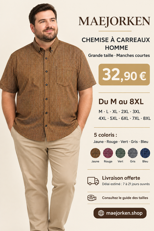 Affiche avec mannequin grande taille portant la chemise à petits carreaux, prix 32,90 €, tailles M au 8XL et cinq coloris
